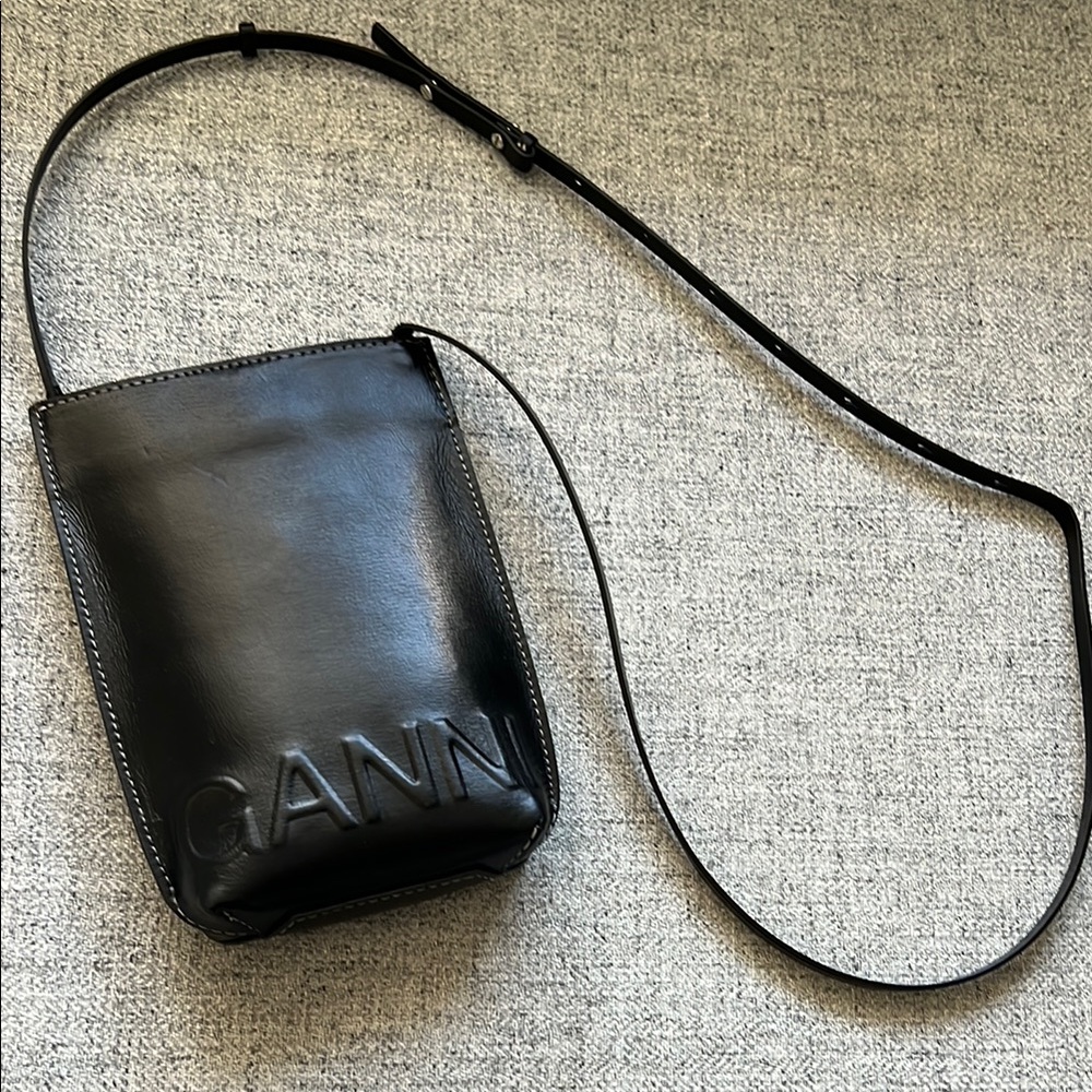 GANNI Black Recycled Leather Phone Bag with Crossbody Strap